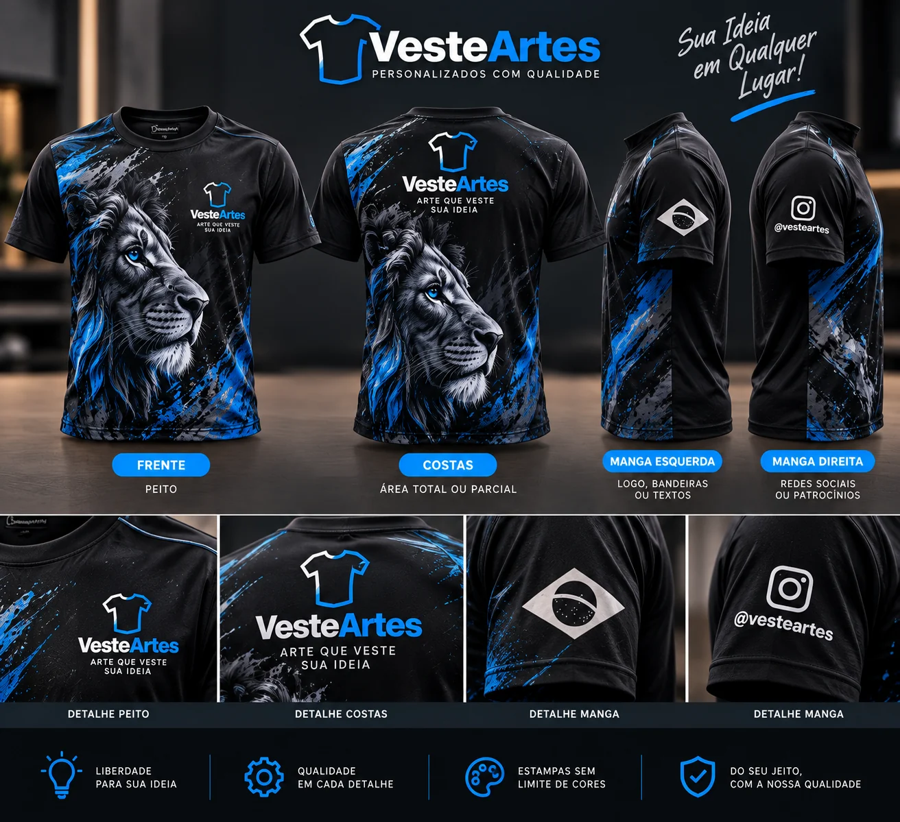 Exemplos de posições de estampa em camisetas