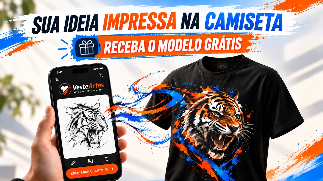 Celular com esboço de uma arte se transformando em estampa numa camiseta VesteArtes